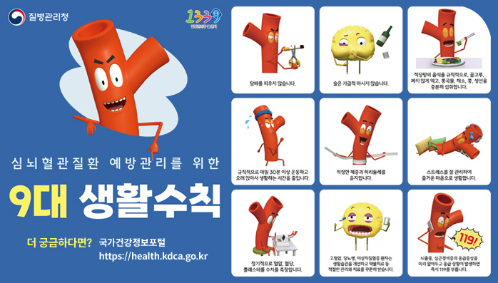 질병관리청 / 1339 / 심뇌혈관질환 예방관리를 위한 9대 생활수틱 / 더 궁금하다면? 국가건강정보포털 https://health.kdca.go.kr / 담배를 피우지 않습니다. / 술은 가극적 마시지 않습니다. / 적당향의 음식을 규칙적으로 골고루, 짜지 않게 먹고, 통곡물, 채소, 콩, 생선을 충분히 섭취합니다. / 규칙적으로 매일 30분 이상 운동하고 오래 앉아서 생활하는 시간을 줄입니다. / 적정한 체중과 허리둘레를 유지합니다. / 스트레스를 관리하여 즐거운 마음으로 생활합니다. / 정기적으로 혈압, 혈당, 콜레스테롤 수치를 측정합니다.  / 고혈압, 당뇨병, 이상지질혈증 환자는 생활습관을 개선하고 약물치료 등 적절한 관리와 치료를 꾸준히 받습니다. 뇌졸증, 심근경색증의 응급증상을 미리 알아두고 응급상활이 발생하면 즉시 119를 부릅니다.