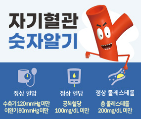 자기혈관 숫자알기
정상혈압 - 수축기 120mmHg 미만 이완기 80mmHg 미만
정상 혈당 - 공복혈당 100mg/dL 미만
정상 콜레스테롤 - 총 콜레스테롤 200mg/dL 미만