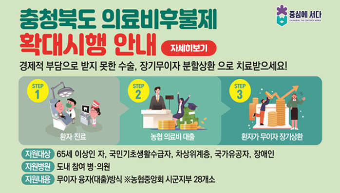 충청북도 의료비후불제 확대시행 안내
/경제적 부담으로 받지 못한 수술, 장기무이자 분할상환으로 치료받으세요!
/step1 환자진료 > step2 농협 의료비 대출 > step3  환자가 무이자 장기상환
/지원대상 : 65세 이상인 자, 국민기초생활수급자, 차상위계층, 국가유공자, 장애인
/지원병원 : 도내 참여 병·의원
/지원내용 : 무이자 융자(대출)방식 ※농협중앙회 시군지부 28개소
/자세히보기