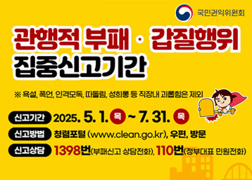 관행적 부패 갑질행위 집중신고기간
욕설, 폭언, 인격모독, 따돌림, 성희롱 등 직장내 괴롭힘은 제외
신고기간 : 2025.5.1.(목)~7.31.(목)
신고방법 : 청렴포털(www.clean.go.kr), 우편, 방문
신고상담 : 1398번(부패신고 상담전화), 110번(정부대표 민원전화)